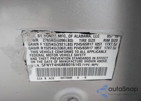 2011 Honda Pilot Ex-L из США, поврежденный, VIN 5FNYF4H68BB016145